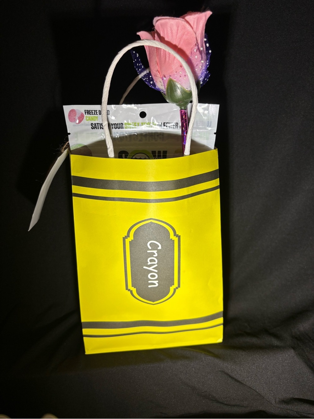 Yellow Crayon Gift Bag with Pink Rose Accent